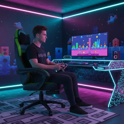 Young man playing pixel art video game on gaming PC with neon-lit room and modern chair