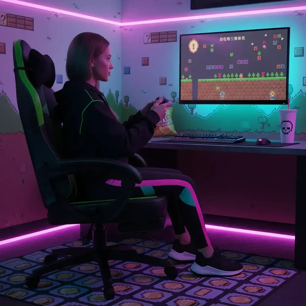 Woman playing retro pixel video game on PC in neon-lit gaming room with themed wallpaper and chair