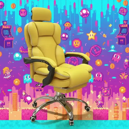 Yellow ergonomic office chair with headrest in front of colorful retro video game background