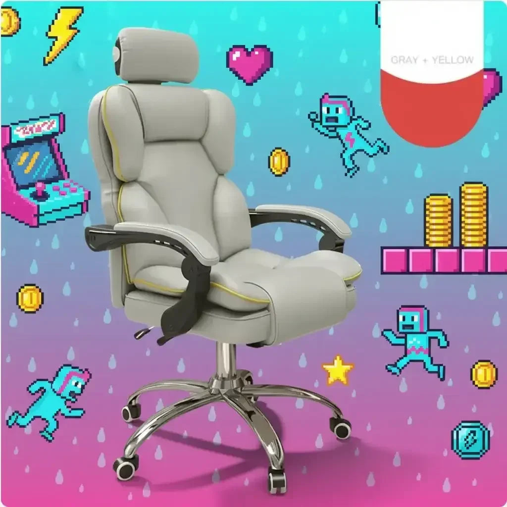 Gray and yellow ergonomic office chair with headrest against pixel art gaming background
