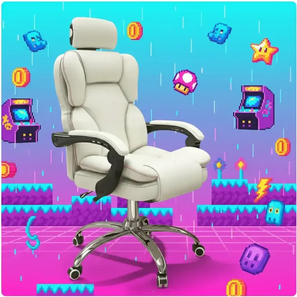 White ergonomic gaming chair on pixel art video game background with arcade icons and coins
