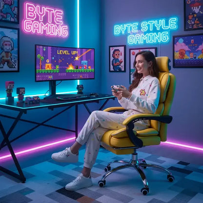 Woman gaming in neon-lit gaming room with yellow chair and pixel art decor