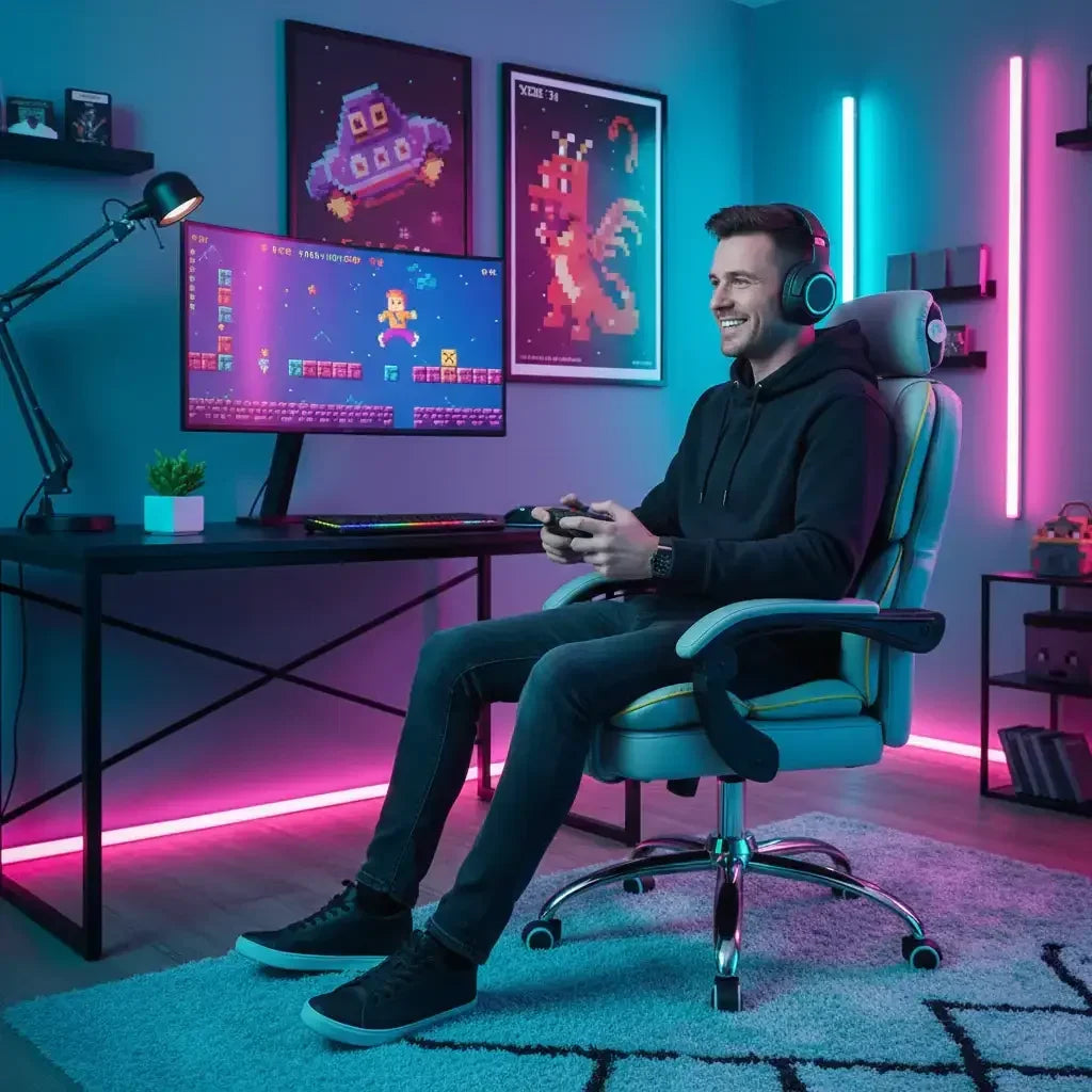 Smiling man gaming in RGB-lit room with computer, headset, and pixel art decor