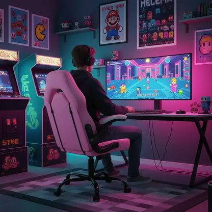 Gamer in RGB-lit room playing retro arcade game at desk, surrounded by pixel art decor