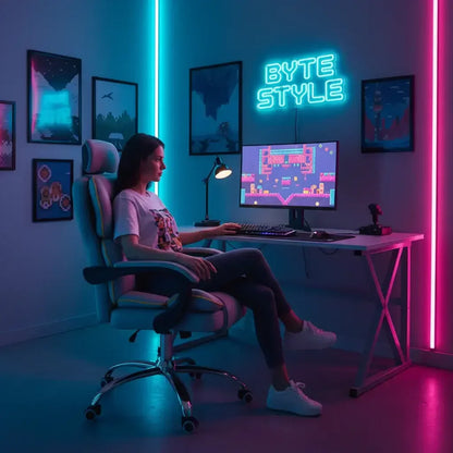 Woman gaming at a modern RGB-lit desk setup with neon Byte Style sign and pixel art decor