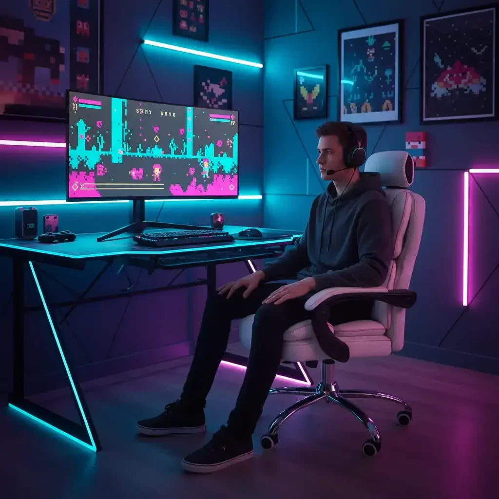 Gamer in neon-lit room playing retro video game at modern desk setup with wall art