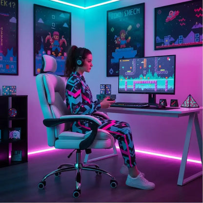 Woman gaming at RGB-lit desk with dual monitors, pixel art posters, and modern decor