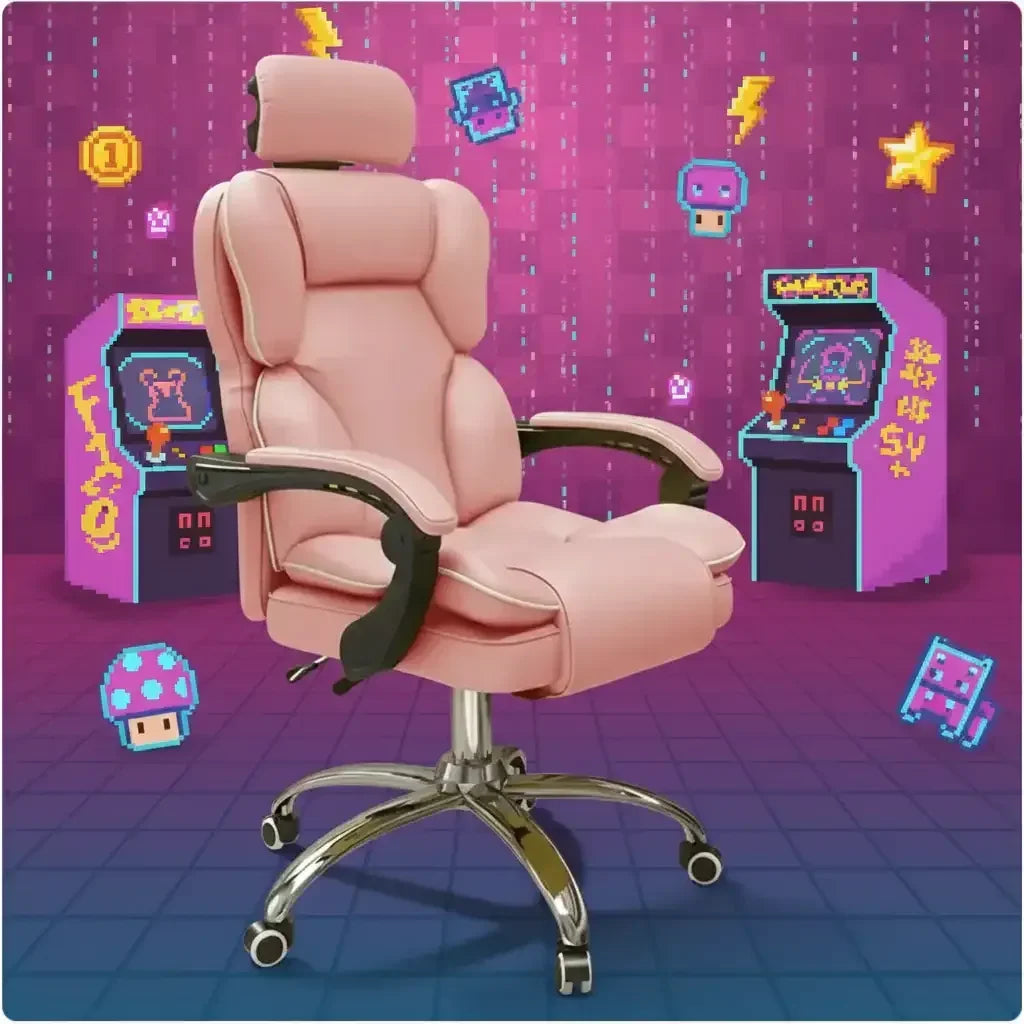 Pink ergonomic gaming chair with headrest in arcade-style room with retro game graphics