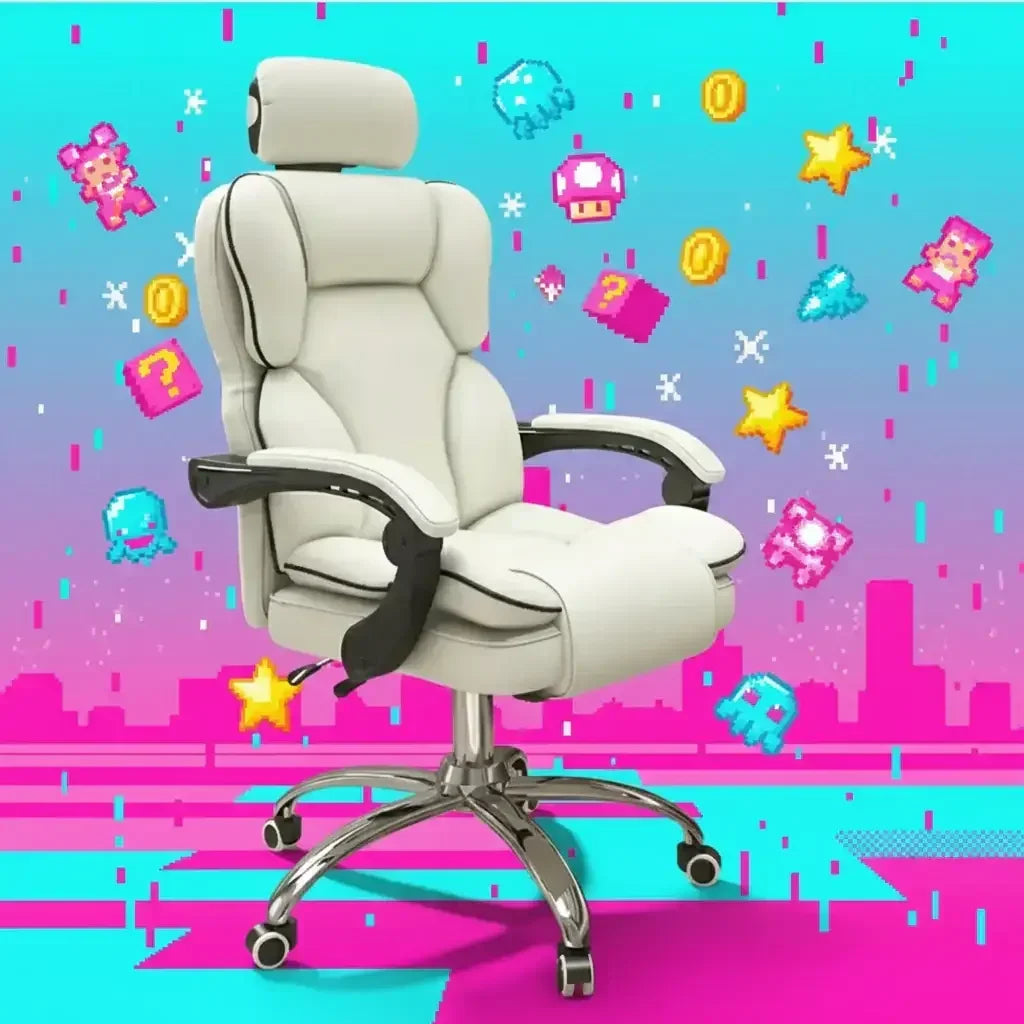 white ergonomic office chair with gaming icons on a bright pixel art background