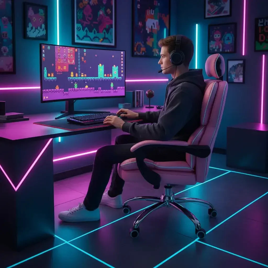 Gamer in headset playing on PC in neon-lit gaming room with pink chair and retro game decor