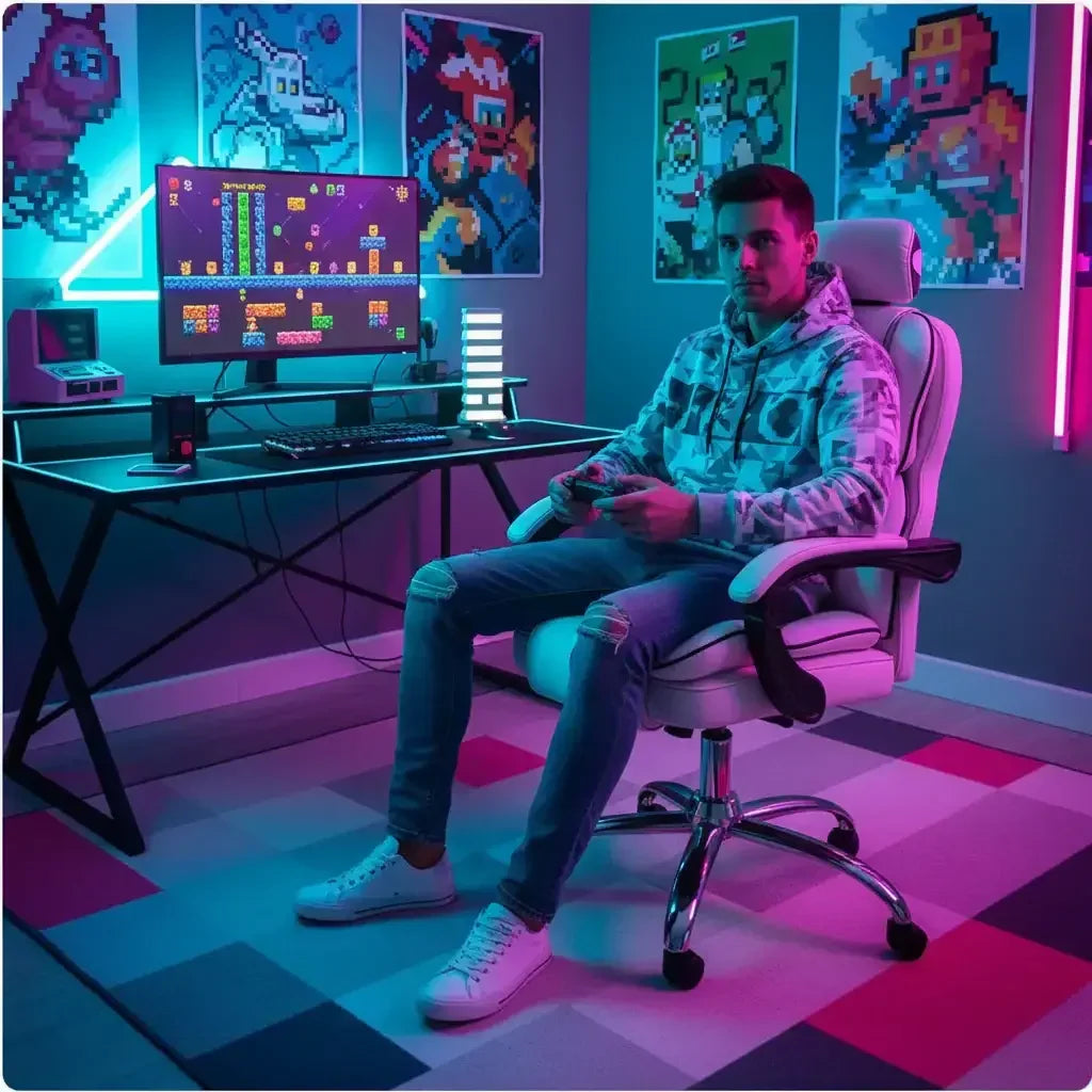 Man gaming in neon-lit room with retro pixel art, modern desk, and RGB keyboard setup