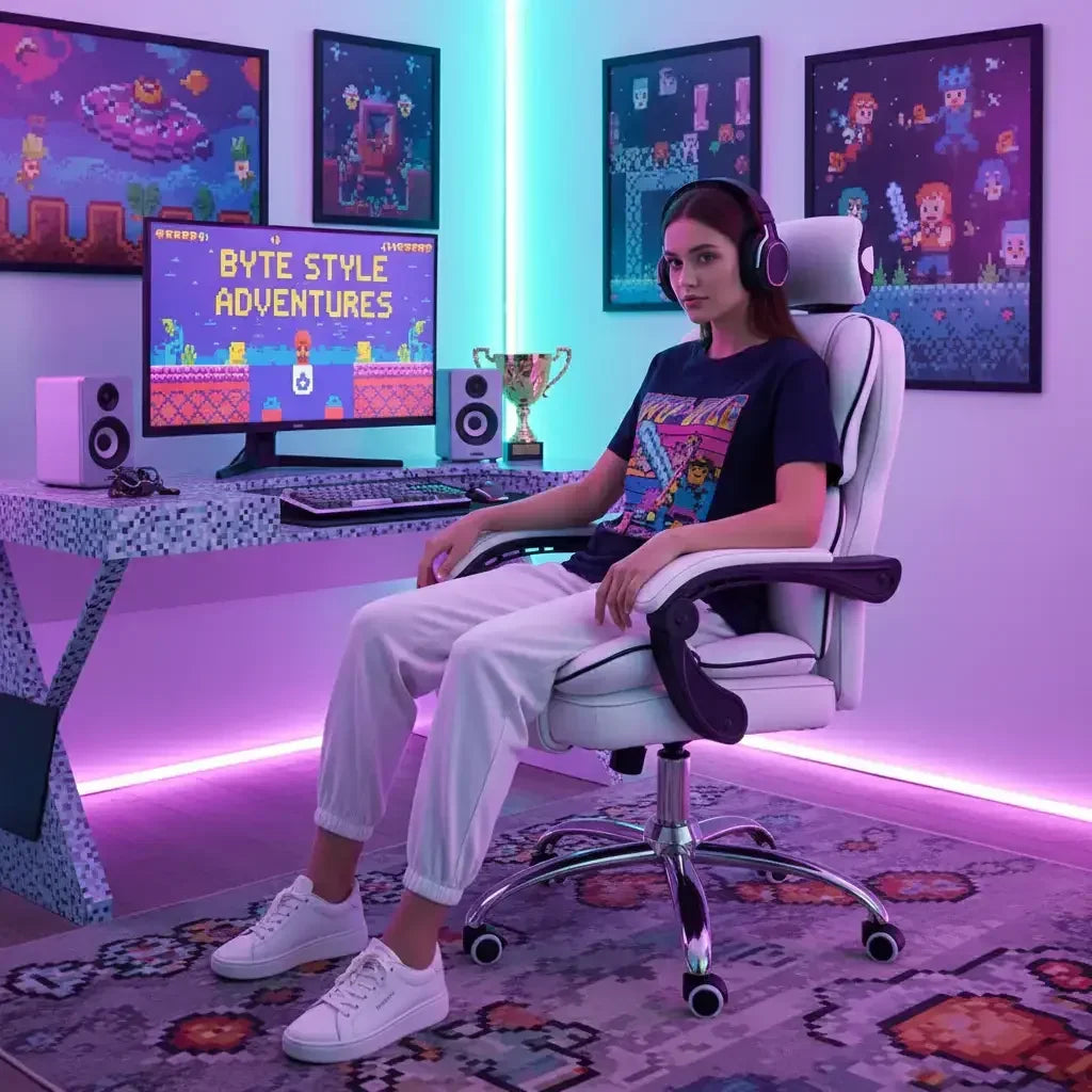 Woman gamer in white chair at RGB-lit gaming setup, pixel art posters, Byte Style Adventures on monitor