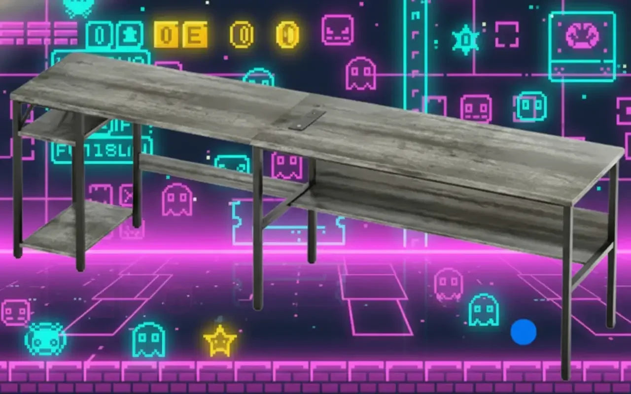 Modern gray computer desk with shelves in front of neon retro video game background