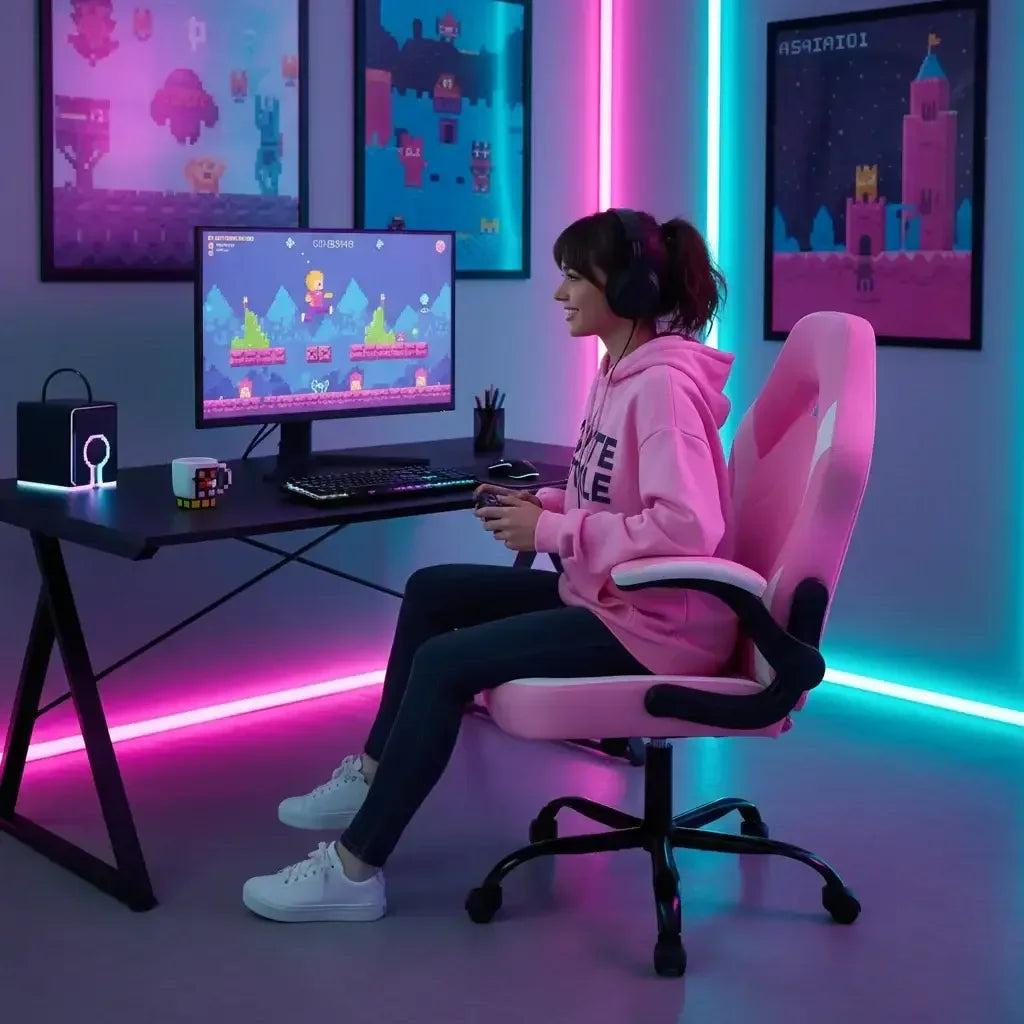 Woman gaming at a neon-lit setup with pink chair, RGB lights, and pixel art wall decor