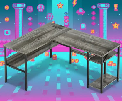 Modern L-shaped gaming desk with shelves on a pixel art gaming background