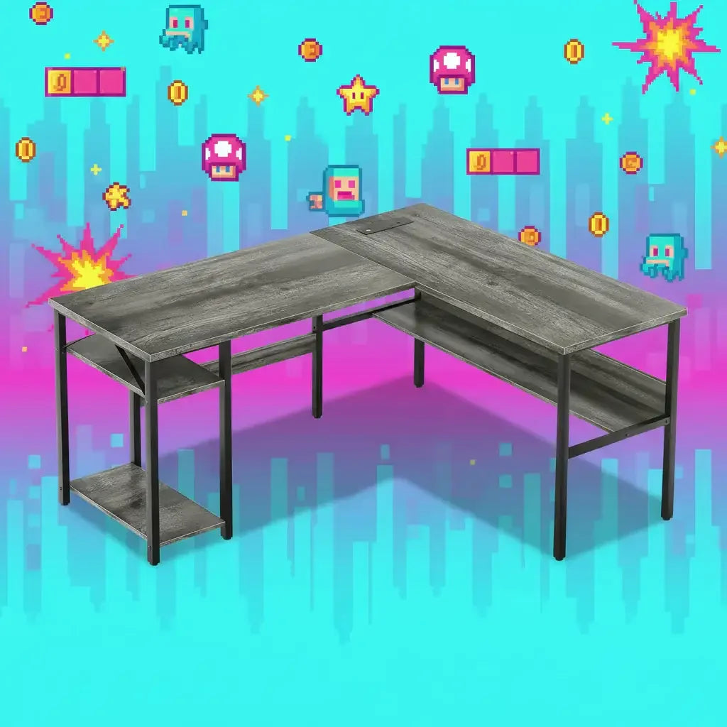 L-shaped gaming desk with shelves, pixel art background, gamer workspace setup