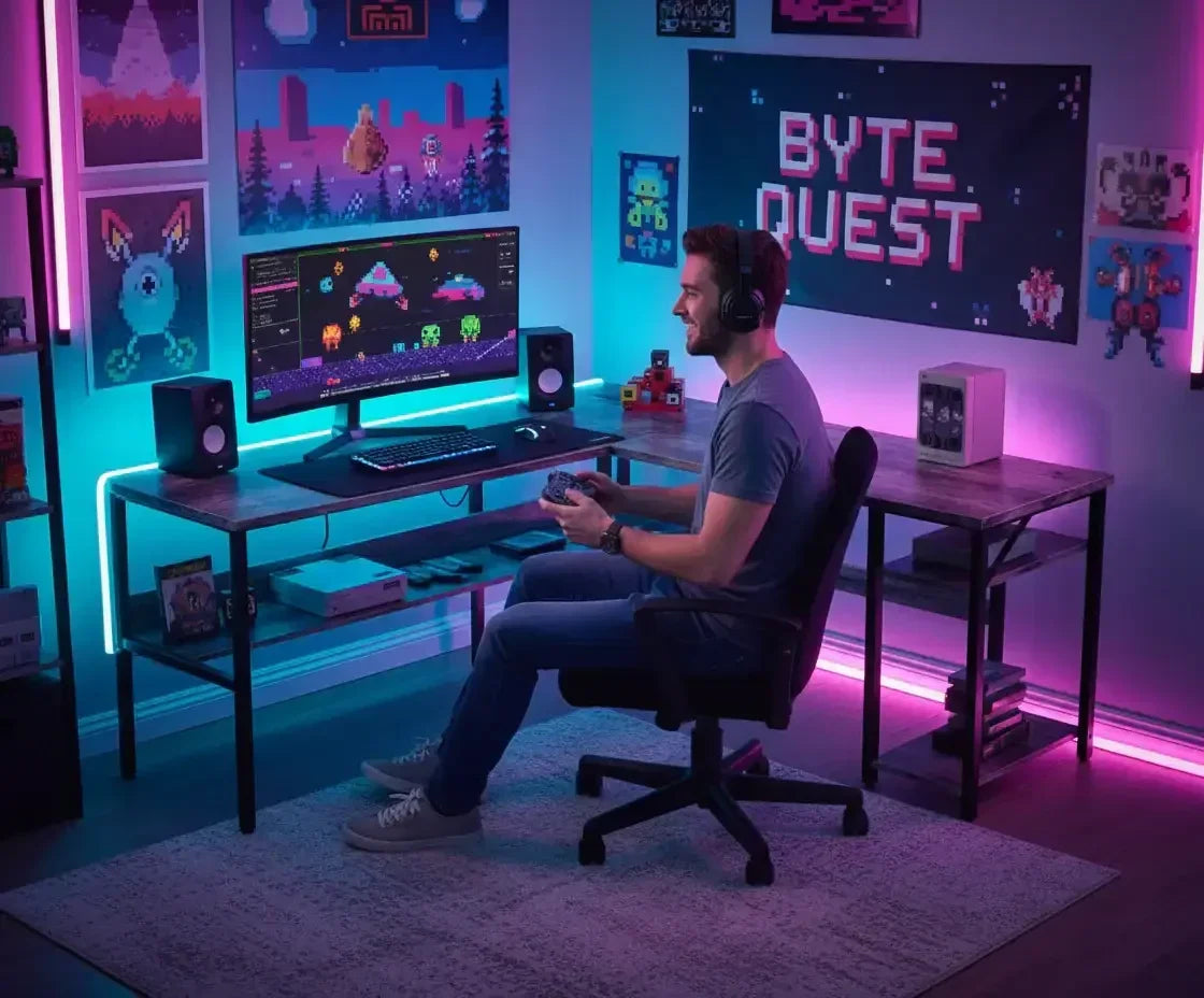 Man gaming at RGB-lit desk with pixel art décor and BYTE QUEST banner in modern setup