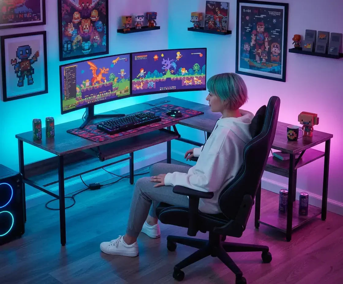 Person gaming with dual curved monitors in RGB-lit setup, pixel art decor, and energy drinks