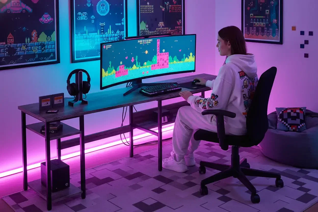 Gamer at desk with curved monitor, RGB lighting, gaming decor, and retro pixel art posters