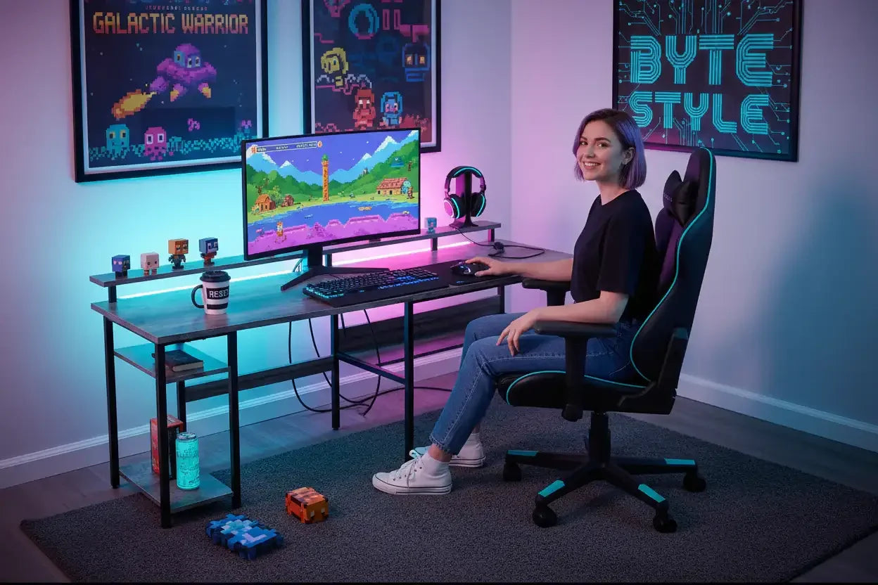 Woman gaming at RGB-lit desk with monitor, gaming chair, and pixel art posters