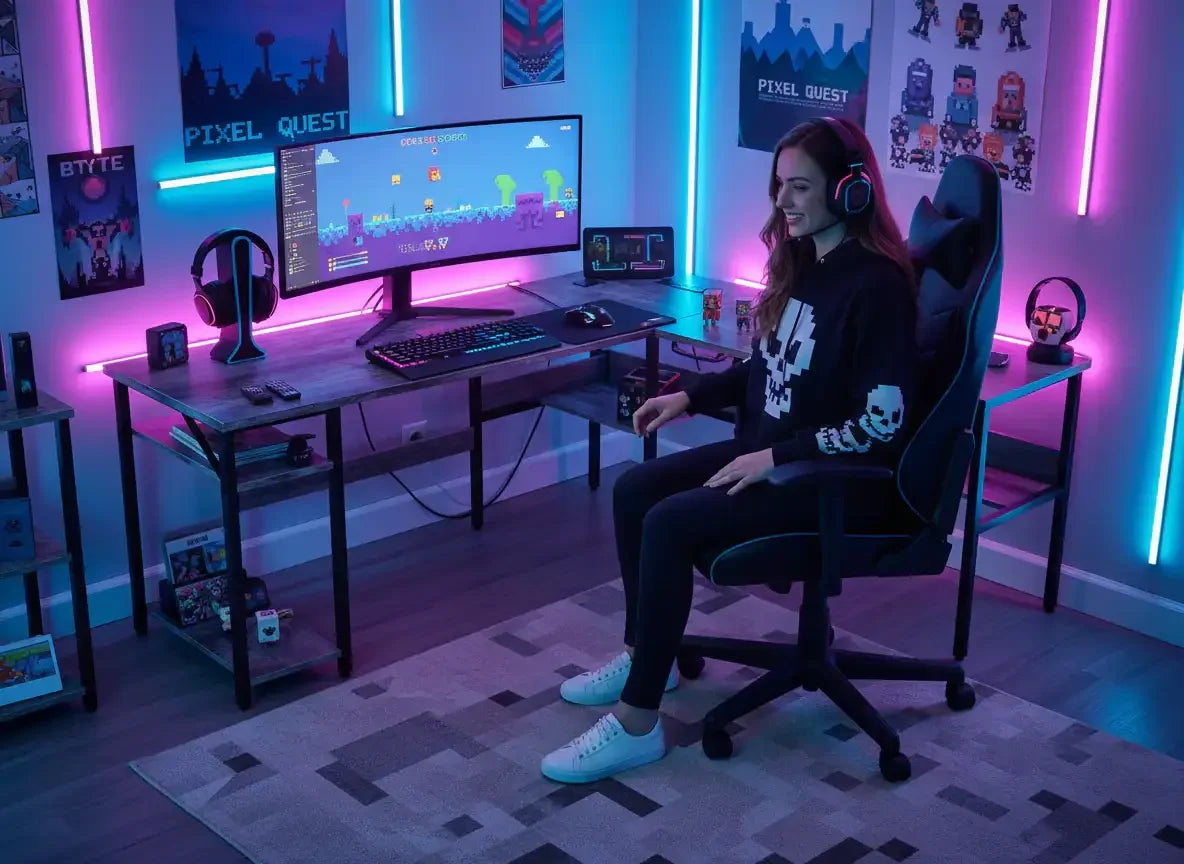 Woman gaming in RGB-lit room with ultrawide monitor, headset, and pixel art decor