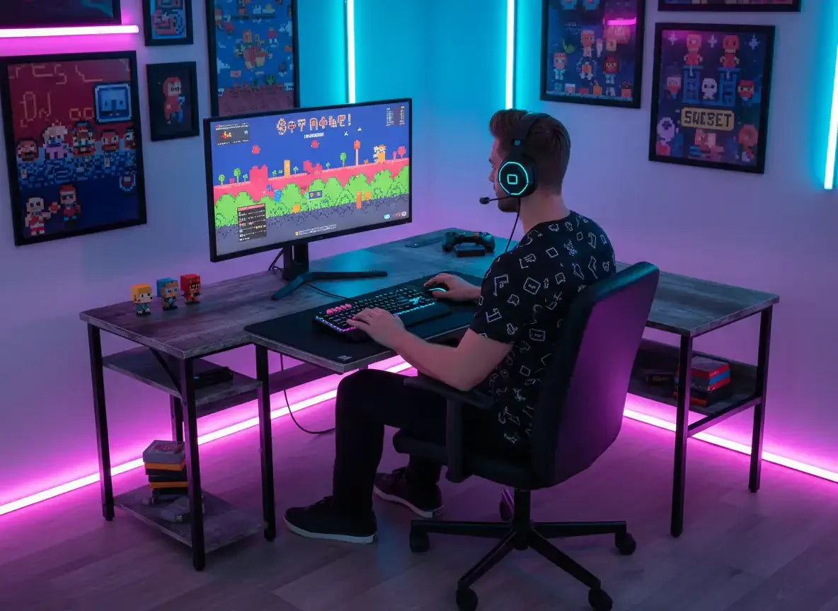 Gamer at RGB-lit desk playing retro video game, surrounded by pixel art decor