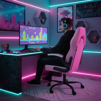 Gamer at RGB-lit desk playing pixel art video game on ultrawide monitor in modern setup