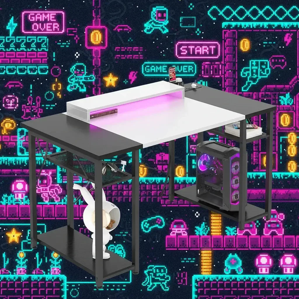 Modern gaming desk with LED lights, PC, and accessories against a retro arcade game background