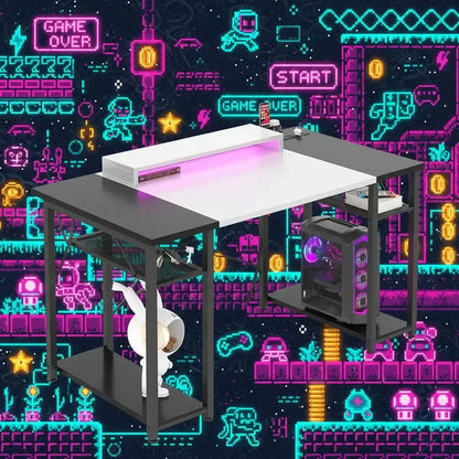 Modern gaming desk with LED lights, PC, and accessories against a retro arcade game background