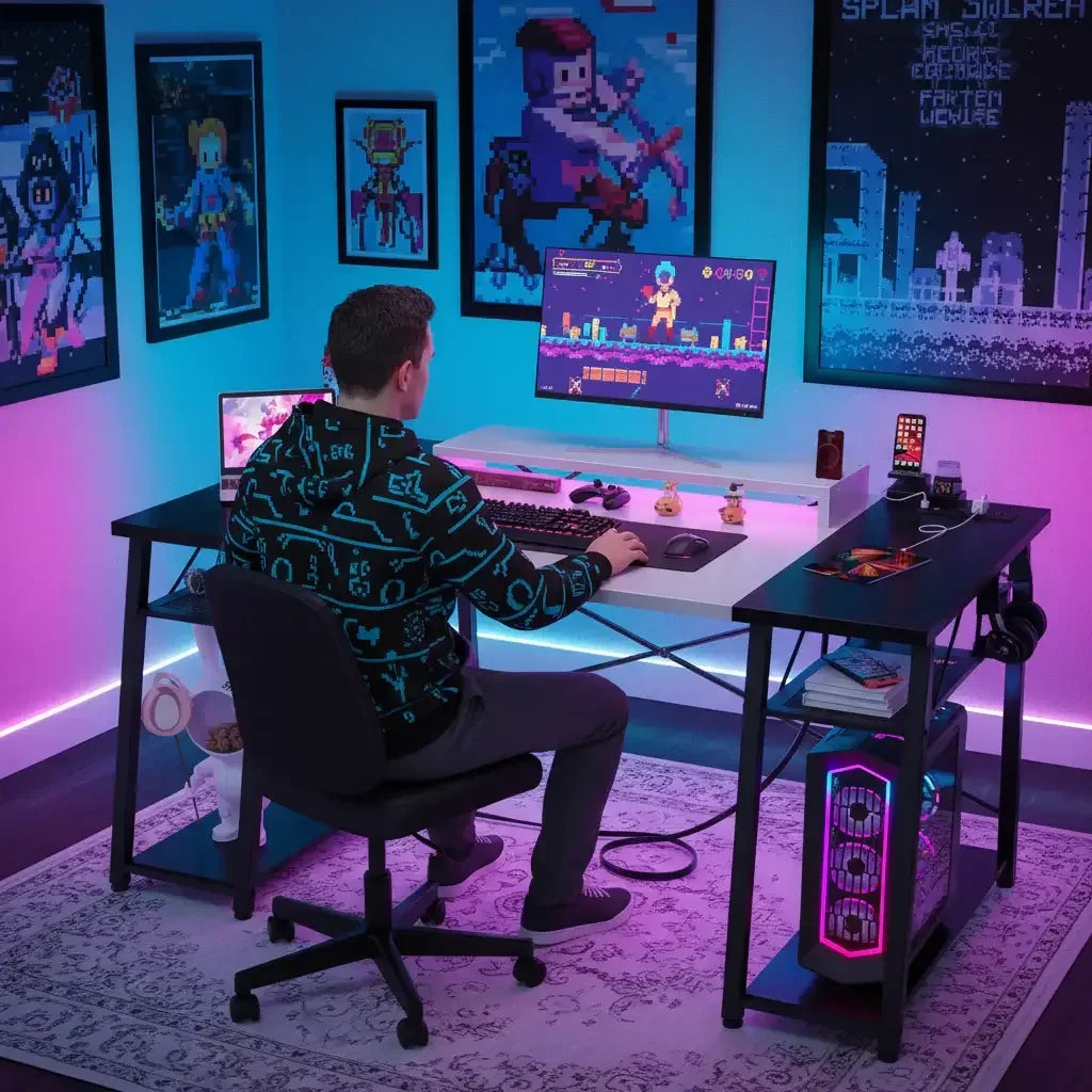 Gamer at RGB-lit gaming desk with dual monitors and pixel art posters in neon room