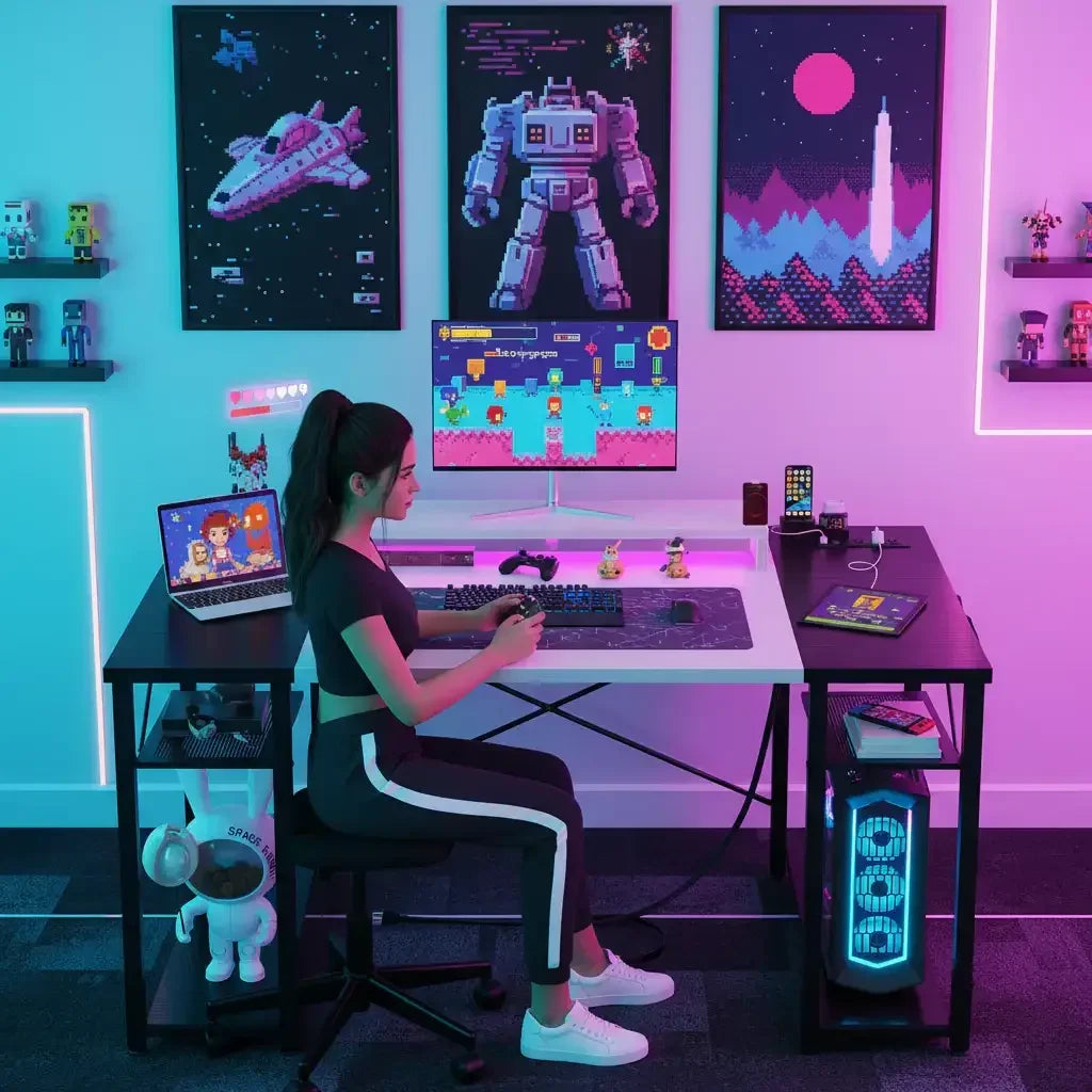 Woman gaming at RGB-lit desk with dual monitors, pixel art decor, and gaming PC setup