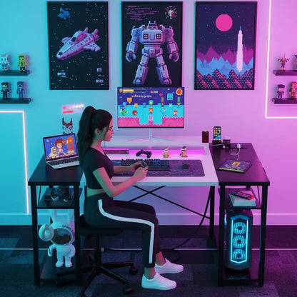 Woman gaming at RGB-lit desk with dual monitors, pixel art decor, and gaming PC setup