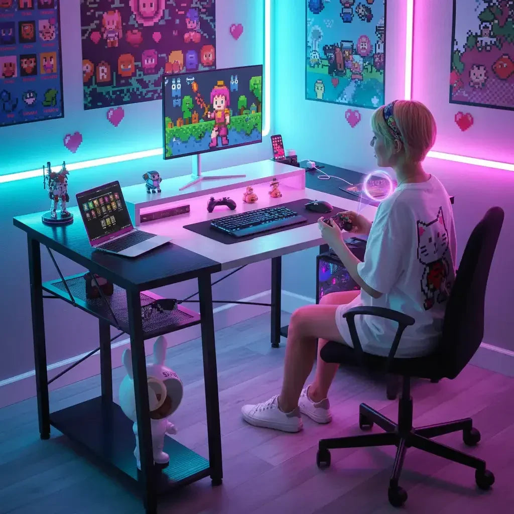 Girl gaming in a neon-lit room with pixel art decor, PC setup, and game controllers
