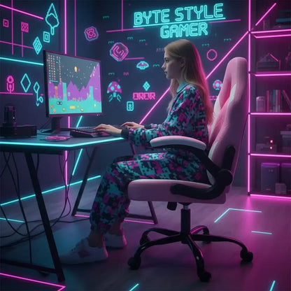 Woman gaming at neon-lit setup in pixel pajamas, modern desk, BYTE STYLE GAMER sign