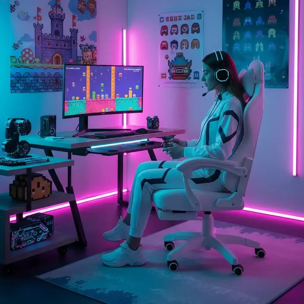 Woman in white gaming suit and headset playing retro video games on curved monitor in colorful neon gaming room