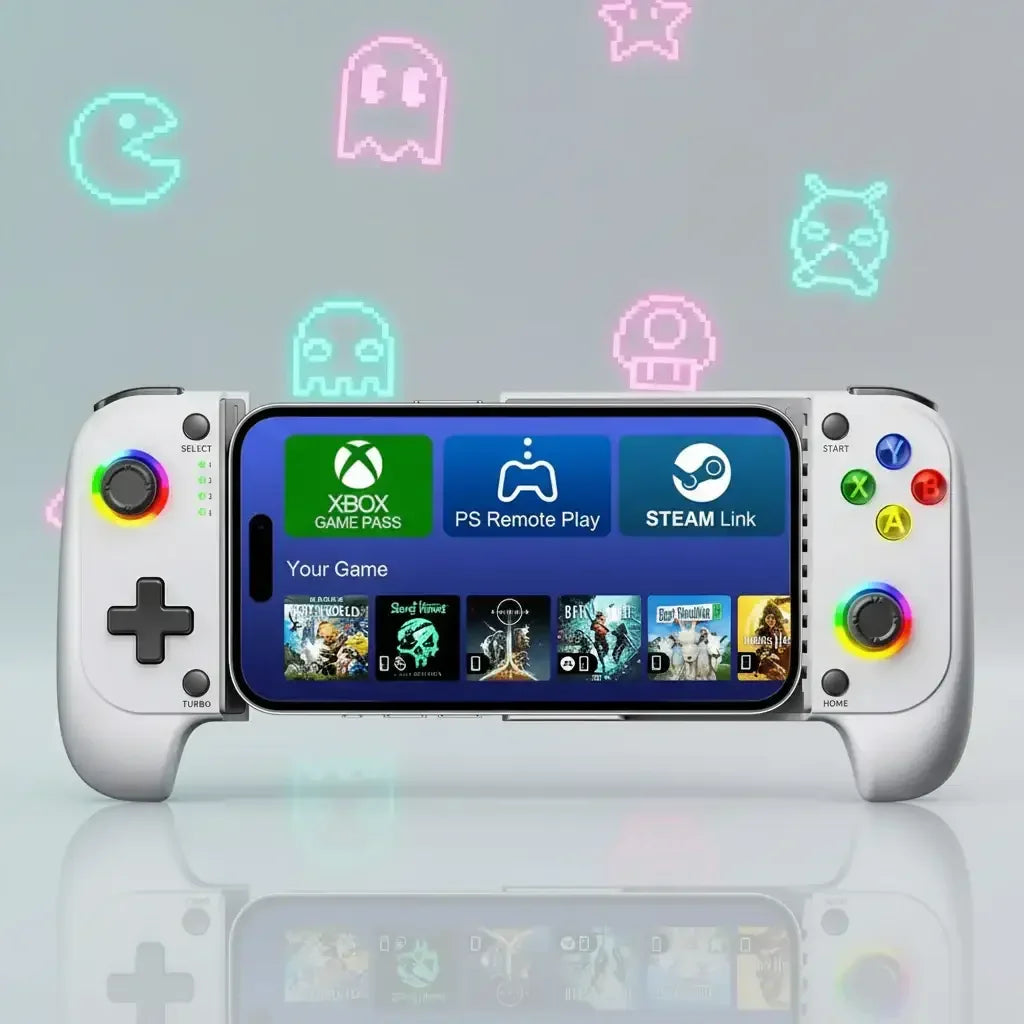 Mobile gaming controller with smartphone, Xbox Game Pass, PS Remote Play, Steam Link icons