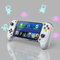 White mobile gaming controller with smartphone, colorful pixel robots in background.