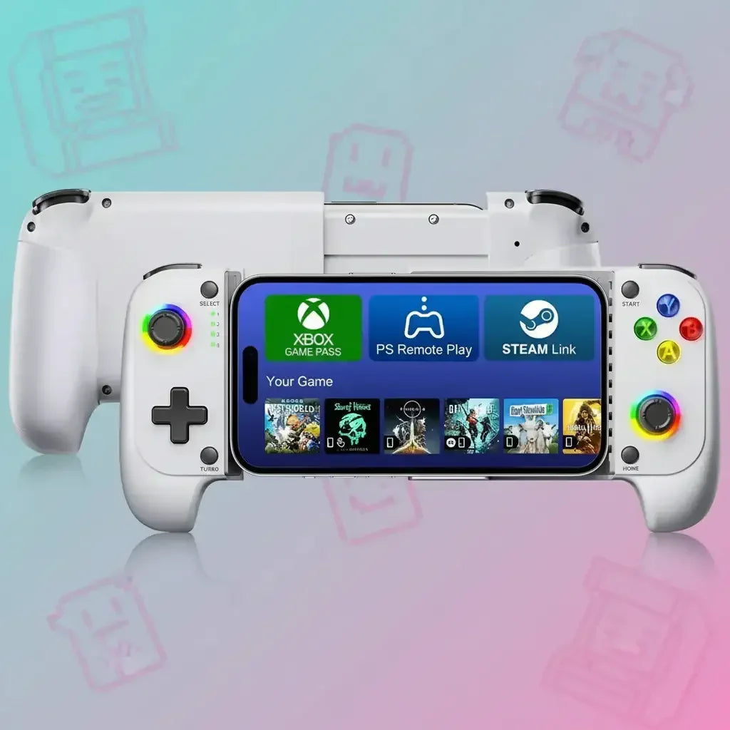 White mobile gaming controller with smartphone Xbox Game Pass, PS Remote Play, Steam Link apps