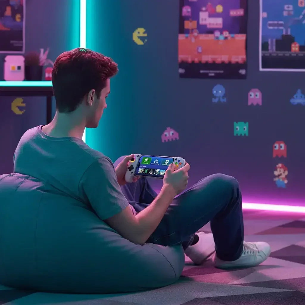 Teen playing handheld gaming console in neon-lit retro gaming room with pixel art walls