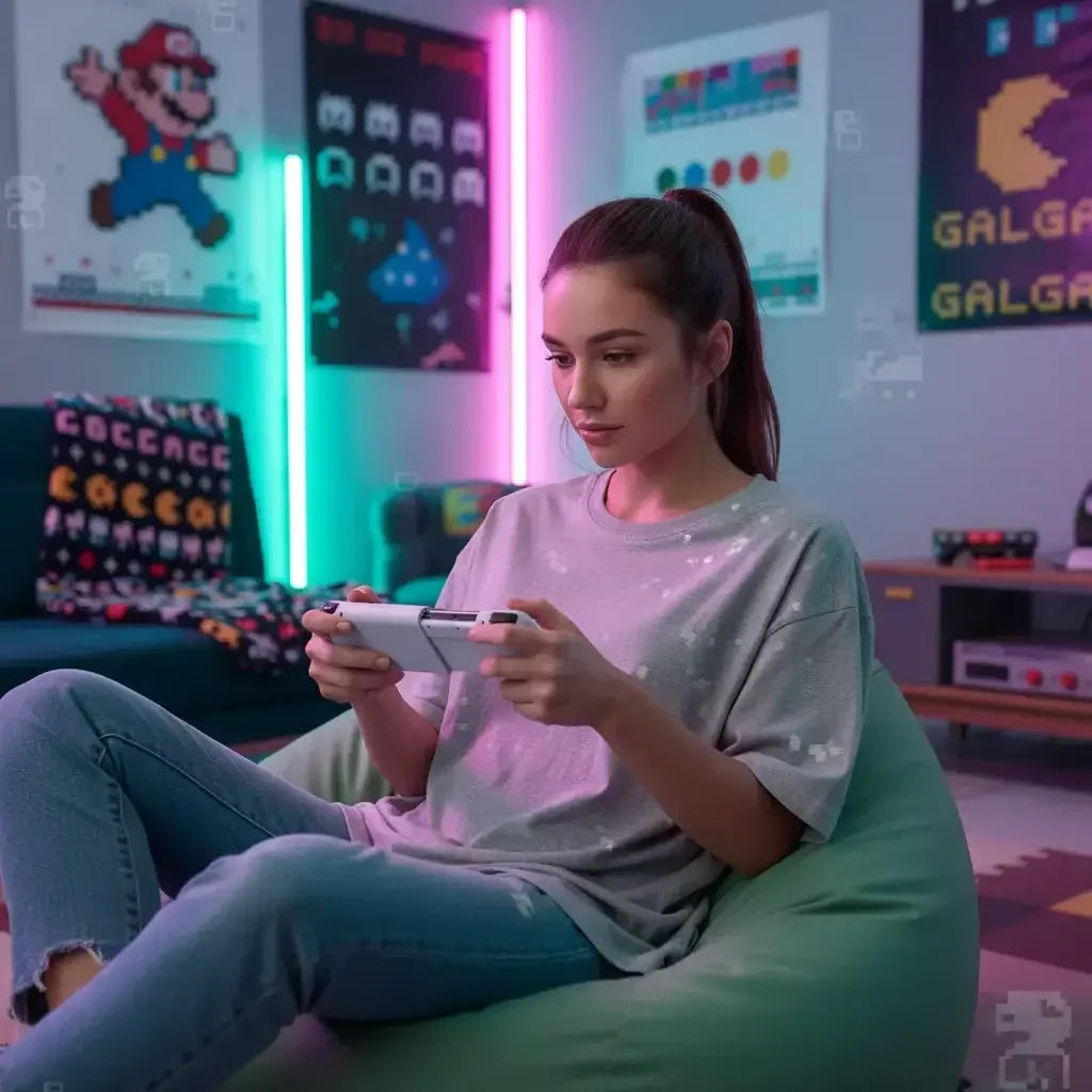 Woman gaming on handheld console in retro-themed room with neon lights and arcade posters