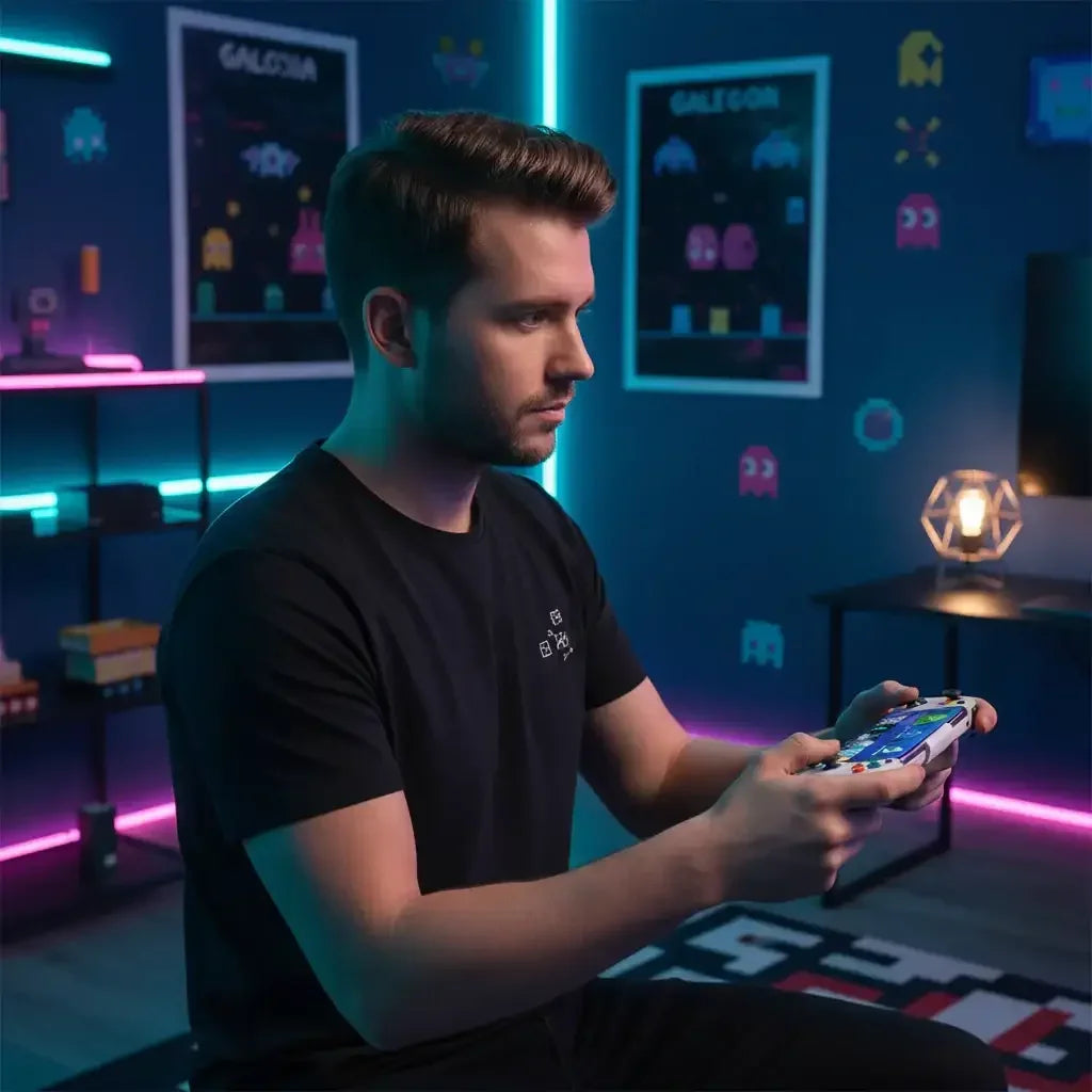 Man gaming with controller in neon-lit retro gaming room, arcade posters on blue walls