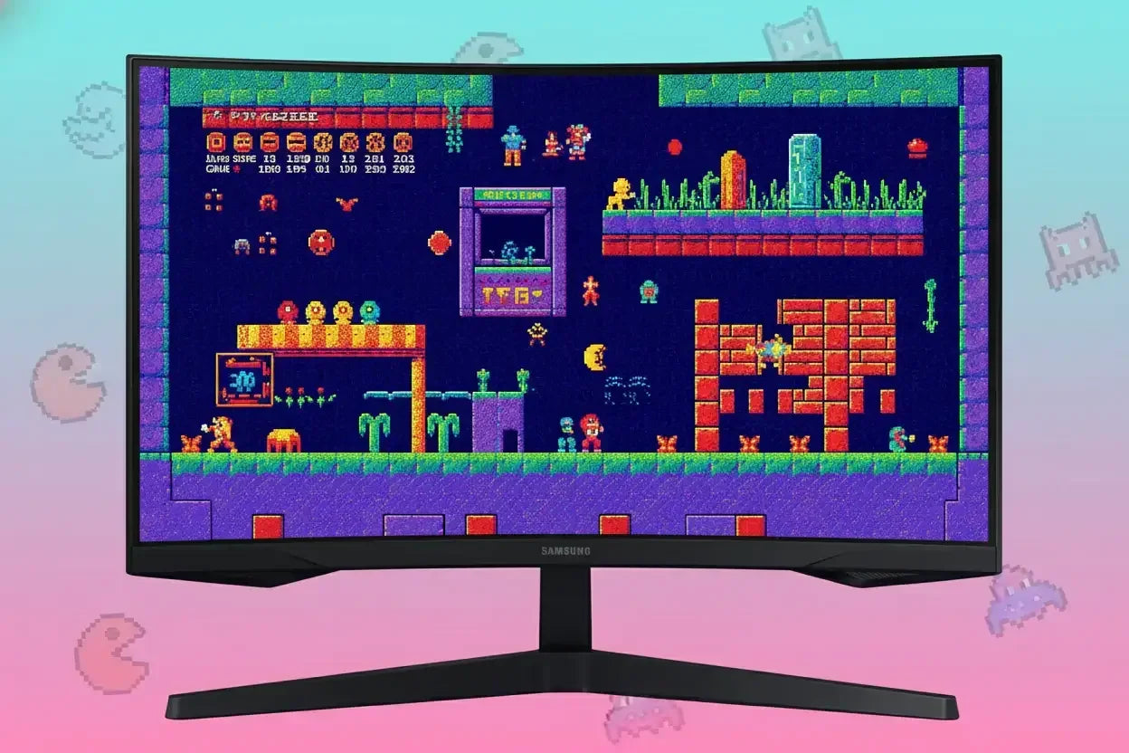 Samsung monitor displaying retro pixel art video game with colorful characters and blocks