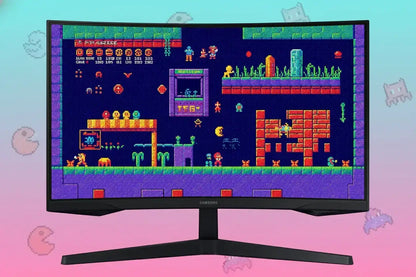 Samsung monitor displaying retro pixel art video game with colorful characters and blocks