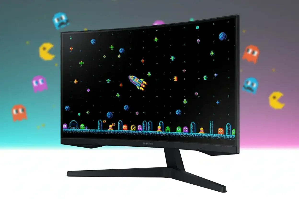 Samsung curved gaming monitor displaying retro pixel space arcade game with Pac-Man ghosts