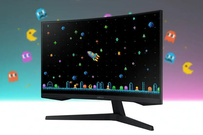 Samsung curved gaming monitor displaying retro pixel space arcade game with Pac-Man ghosts