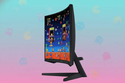 Curved gaming monitor displaying colorful retro pixel art with arcade game graphics, pastel Pac-Man background