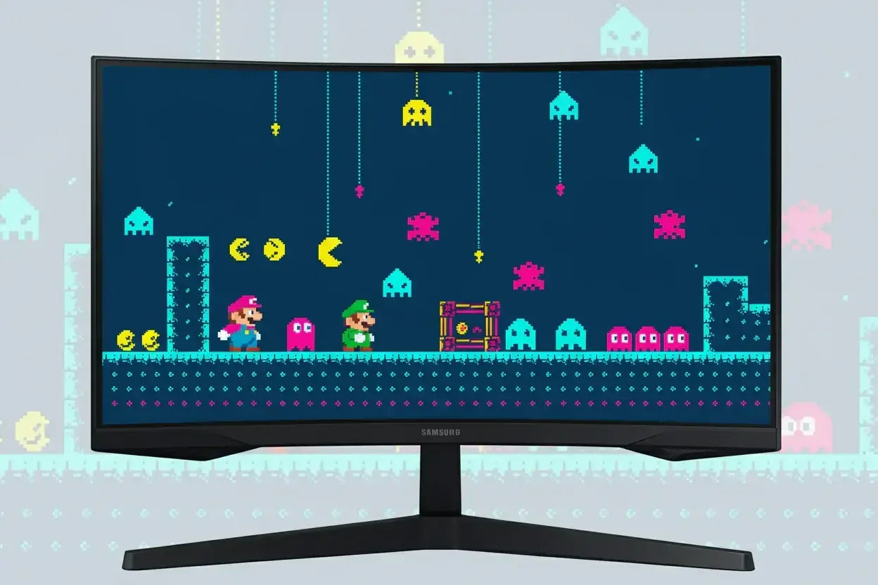Curved Samsung monitor displaying pixel art video game with Pac-Man, ghosts, and Mario-style characters