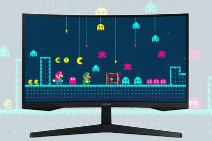 Curved Samsung monitor displaying pixel art video game with Pac-Man, ghosts, and Mario-style characters