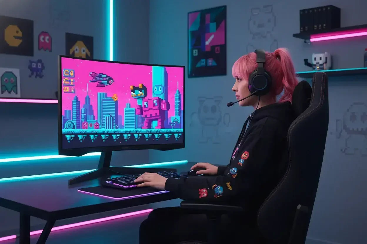 Gamer girl with pink hair playing retro pixel art video game at neon-lit gaming setup