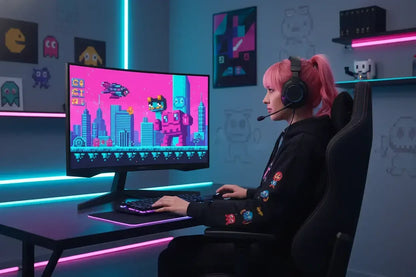 Gamer girl with pink hair playing retro pixel art video game at neon-lit gaming setup